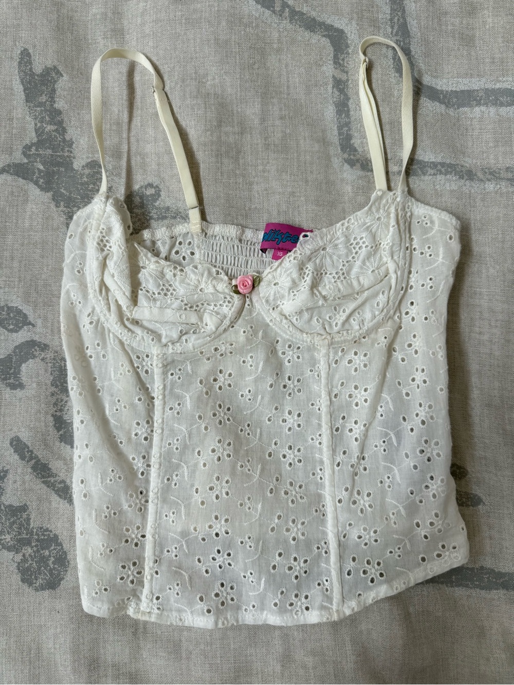 Edikted Ivory Eyelet Lace Bustier Camisole with Pink Rose